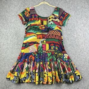 Jams World Hattie Dress Womens S Artsy Colorful Village Tiered Mini Art to Wear
